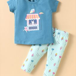 CUCUMBER Cotton Knit Half Sleeves Night Suit With Ice Cream Print - Aqua-image-75
