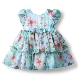 Babyhug Woven Half Sleeves Layered Dress With Floral Corsage & Print - Turquoise-image-67
