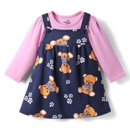 Doodle Poodle Cotton Knit Frock & Full Sleeves Inner Tee With Floral & Bunny Print - Navy Blue & Pink-image-78