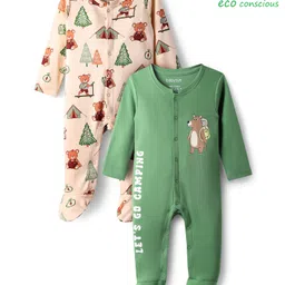 Babyoye 100% Cotton Knit With Eco Jiva Finish Front Open Footed Sleep Suits with Bear Print Pack of 2 - Green & Peach-picture-13