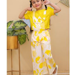 AJ Dezines Cotton Woven Pomegranate & Leaves Printed Dungaree With Half Puffed Sleeves Top Set - Yellow-image-33