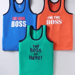 Simply Sinker Knit Sleeveless Vests With Iam The Boss Text Print Pack Of 3 - Blue Orange & Light Green-picture-16