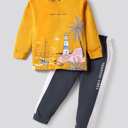 CUCUMBER Sinker Knit Full Sleeves Night Suit with Beach Print - Lemon Yellow-image-91