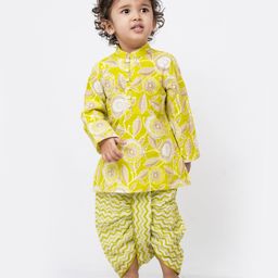 Campana 100% Cotton Woven Full Sleeves Floral Printed Dhoti Kurta Set - Lime Green-image-70