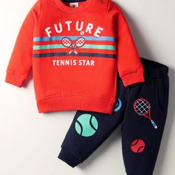 Zero Looper Knit Full Sleeves T-Shirt & Lounge Pant Set with Tennis Print - Red & Navy Blue-picture-5