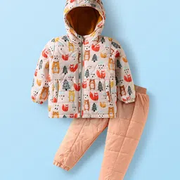 Babyhug Woven Full Sleeves Winter Wear Hooded Padded Jacket & Lounge Pant Set with Jungle Theme Print - Peach-picture-11