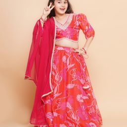 Bitiya By Bhama Silk Woven Three Fourth Puffed Sleeves Floral Printed Gota Lace Embellished Coordinating Lehenga Choli With Dupatta Set - Pink-image-40