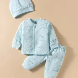 I Bears Fleece Knit Full Sleeves Winter Wear T-Shirt & Joggers Set With Cap & Animal Print - Light Blue-picture-19