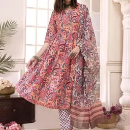 Fashion Basket Floral Printed Pure Cotton Anarkali Kurta With Trousers & Dupatta-picture-35