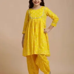 Jaipur Kurti Girls Yellow Cotton Printed Suit Sets-image-70