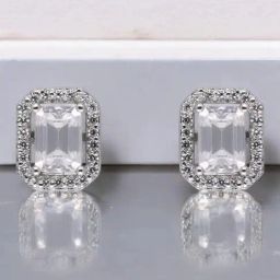 crash.club by CKC 925 Sterling Silver Emerald-Cut White Gemstone Halo Stud Earrings-image-37