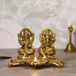 eCraftIndia Golden Goddess Laxmi With Lord Ganesha Idol Metal Decorative Showpiece with Diya-image-17