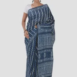 Kalakari India Blue Cotton Printed Saree With Unstitched Blouse-image-44