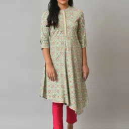 W Green Geometric Print A Line Kurta-image-58