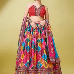 PURVAJA Dark Pink Printed Semi Stitched Lehenga & Unstitched Blouse With Dupatta-picture-1
