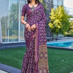 Satrani Purple Silk Floral Print Saree With Unstitched Blouse-image-89
