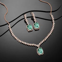 Peora Rose Gold Plated Contemporary CZ & Mint Crystal Studded Drop Necklace & Earring-image-18