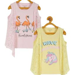 Plum Tree Kids Yellow & Pink Printed T-Shirt with Attached Shrug (Pack Of 2)-image-99