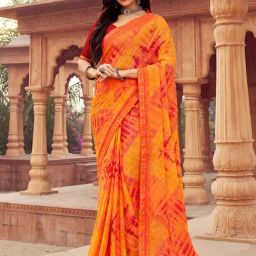 Satrani Orange Chiffon Printed Saree With Unstitched Blouse-picture-11