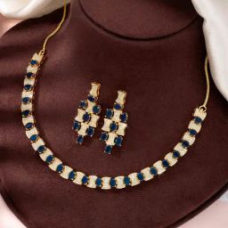 Peora Rose Gold Plated Contemporary CZ & Blue Crystal Studded Dangler Necklace & Earring-16
