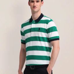 U.S.Polo Assn. Green Cotton Slim Fit Striped Polo T-Shirt-image-70