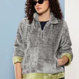 Aarika Shirt Collar Faux Fur Trim Half Zipper Woollen Pullover-picture-49