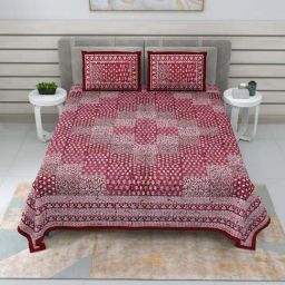 JaipurFabric Maroon Pure Cotton 210 TC Cubicals Dabu Double Bedsheet with 2 Pillow Covers-36
