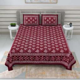 JaipurFabric Royal Maroon Pure Cotton 210 TC Topiary Dabu Double Bedsheet with 2 Pillow Covers-image-91