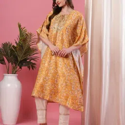 Globus Yellow Floral Printed Kaftan Kurta-image-3
