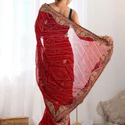 Satrani Red Georgette Printed Saree With Unstitched Blouse image 2