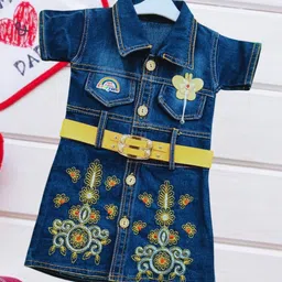 FASHION GRAB Girls Floral Emboridered Flutter Sleeve Denim Shirt Coller Shirt Dress-image-46