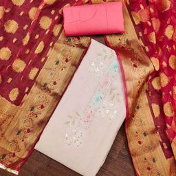 SHADOW & SAINING Floral Embroidered Thread Work Pure Silk Unstitched Dress Material-image-61