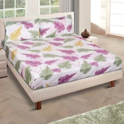 Myntra Elegant Homes Beige & Purple Floral 144 TC Queen Bedsheet with 2 Pillow Covers-image-90