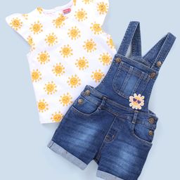 Babyhug Cotton Knit Sun Applique Dungaree with Half Sleeves Sun Print T-Shirt Set - Blue & Yellow-picture-8