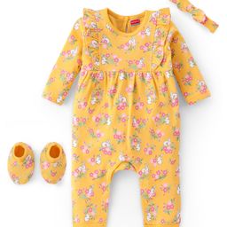 Babyhug 100% Cotton Interlock Knit Sleeves Full Sleeves Romper with Headband & Booties Floral Print - Yellow-image-13