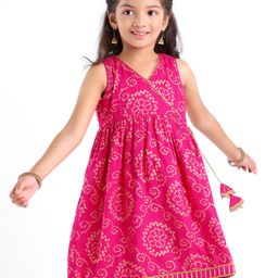 Babyhug 100% Cotton Sleeveless  Bandhani Printed Ethnic Overlap Dress - Fuschia-image-69
