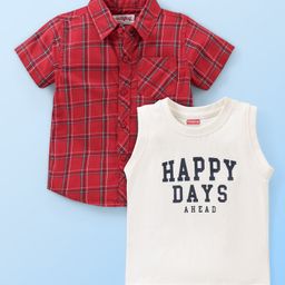 Babyhug Cotton Woven Half Sleeves Checked Shirt With Sleeveless T shirt  Text Print - Red & White-image-65