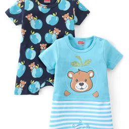 Babyhug 100% Cotton Knit Half Sleeves Romper With Bear Print Pack of 2 - Blue-picture-48