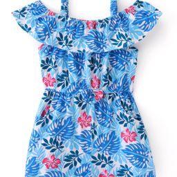 Babyhug Single Jersey Knit Cold Shoulder Sleeves Floral Print Jumpsuit with Frill Detailing - Blue-image-72