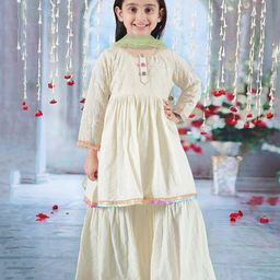 Little Bansi Three Fourth Sleeves Floral Embroidered & Kace Embellished Kurta Sharara With Dupatta - Seashell Cream-image-31
