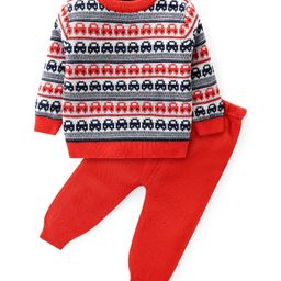 Babyhug Knitted Full Sleeves Pullover Sweater Set with Cars Design - Red-image-28