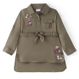 Babyhug Rayon Woven Full Sleeves Shirt Dress with Floral Embroidery & Belt - Olive Green-image-46