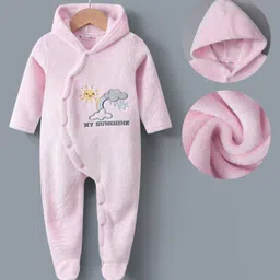 Kookie Kids Full Sleeves Footed Length Hooded Winter Wear Romper with Sun Embroidery - Pink-picture-14