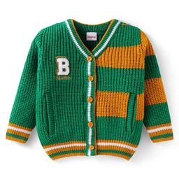 Babyhug Knitted Full Sleeves Front Open Sweater With Text Patch & Colour Block Design - Green & Yellow-picture-14