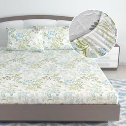 Divine Casa 144 TC 100% Cotton Floral Print Green Super Soft Bedsheet Elastic Fitted King Size Bed - 72 X 78 + 9 inches-image-56