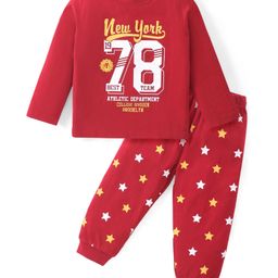Babyhug Cotton Knit Full Sleeves Night Suit With Text Print - Brown-image-36