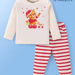 Babyoye 100% Cotton With Eco Jiva Finish Full Sleeves Teddy Printed T-Shirt & Striped Lounge Pants Set - Multicolor-image-53