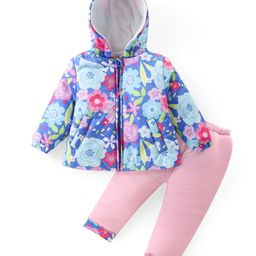 Babyhug Woven  Full Sleeves Hooded Puffer Winter Wear Suit With Floral Print - Multicolor-image-59