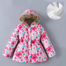 Kookie Kids Full Sleeves Padded Hooded Jacket with Floral Print & Pockets - Pink & Blue-image-73