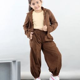 Aww Hunnie Corduroy Full Sleeves Solid Shirt With Tee & Joggers - Brown & Beige-image-95